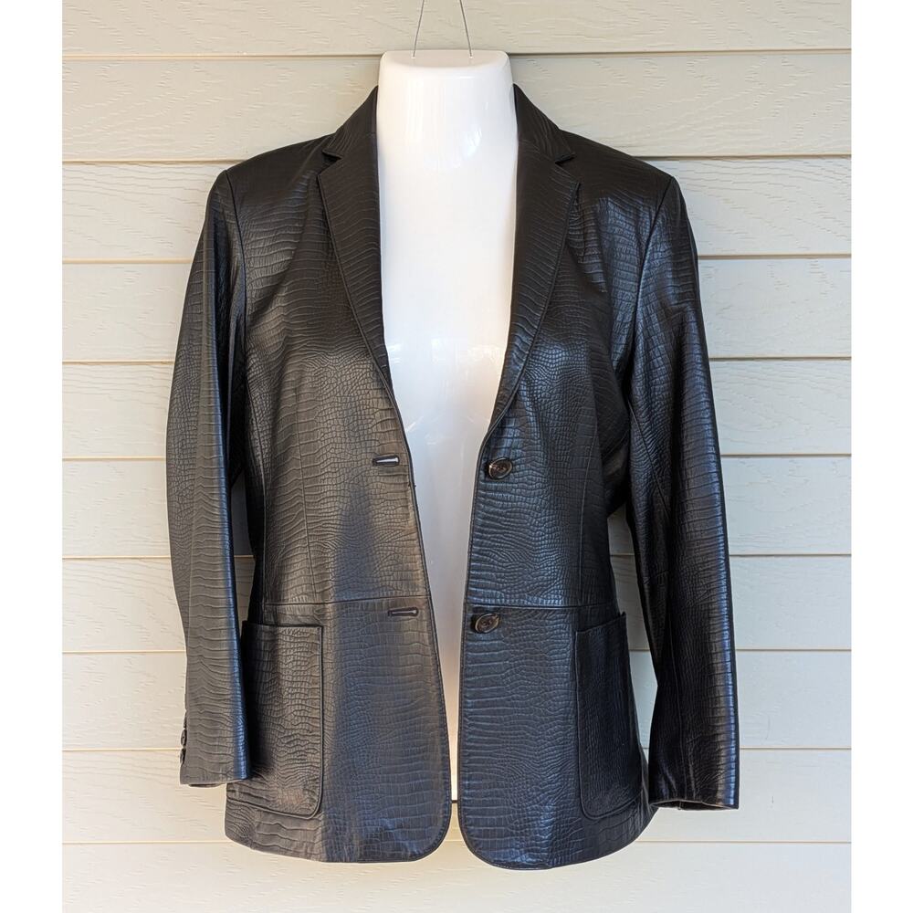 Lauren Ralph Lauren Womens Black Leather Blazer Jacket Size S Reptile Embossed